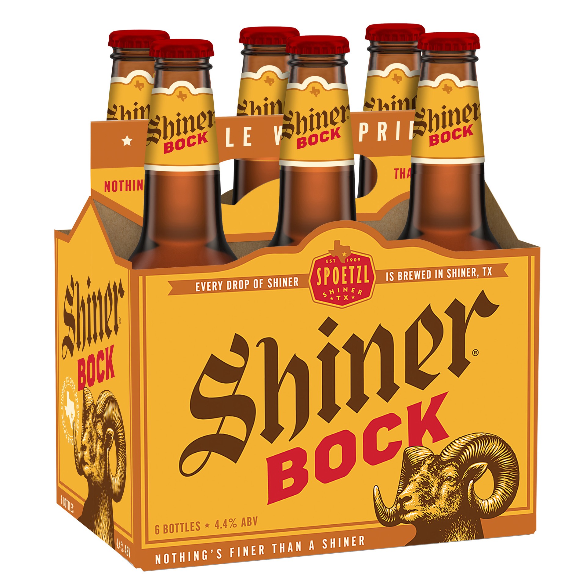 slide 1 of 7, Shiner Bock Beer, Shiner Craft Beer, 6 Pack, 12 fl oz Bottles, 4.4% ABV, 141 Calories, 12.4g Carbs, 12 fl oz