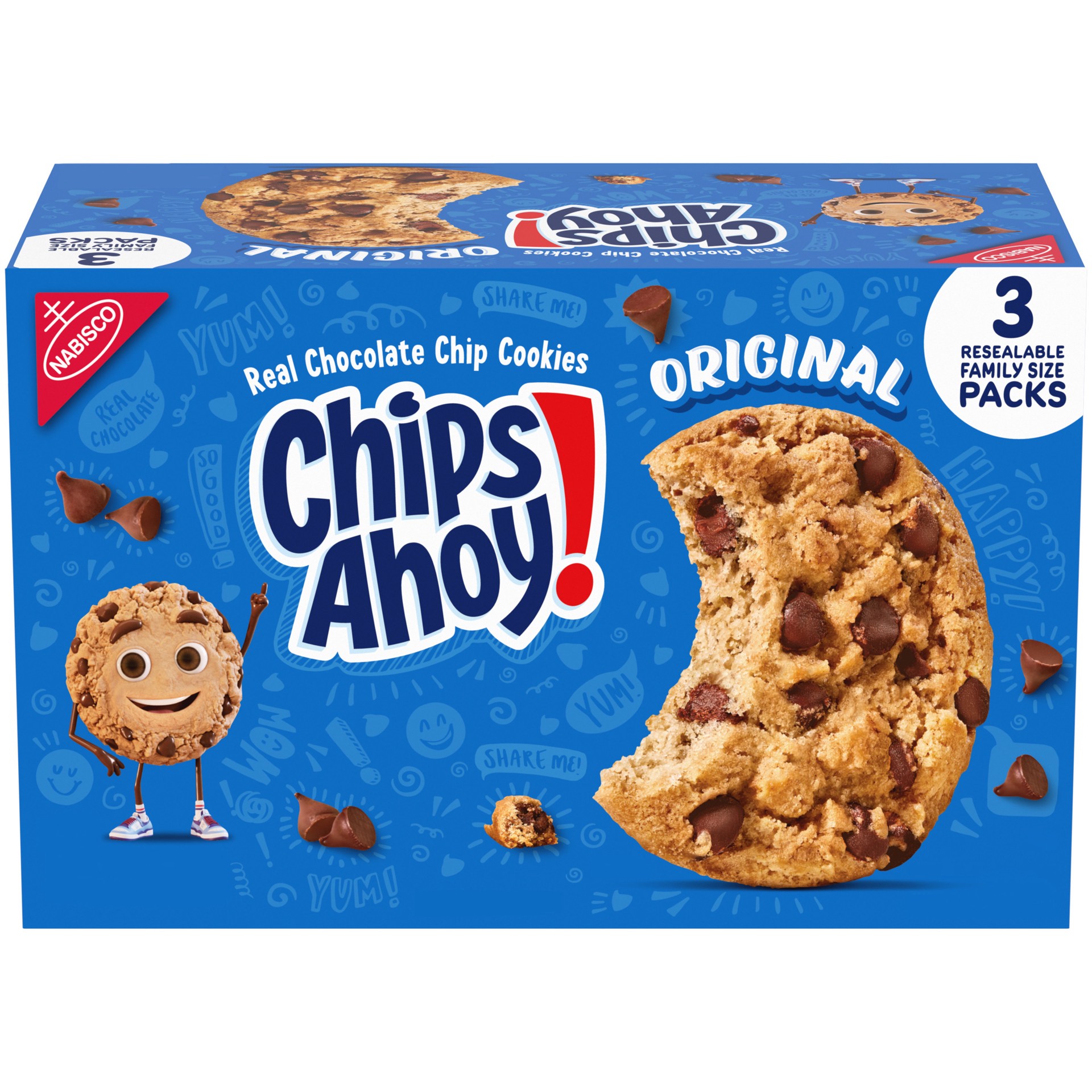 slide 1 of 9, CHIPS AHOY! Original Chocolate Chip Cookies, Family Size, 3 - 18.2 oz Packs, 54.59 oz