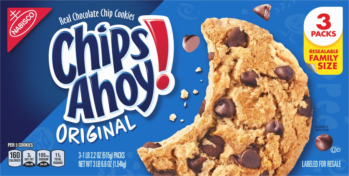 slide 4 of 9, CHIPS AHOY! Original Chocolate Chip Cookies, Family Size, 3 - 18.2 oz Packs, 54.59 oz