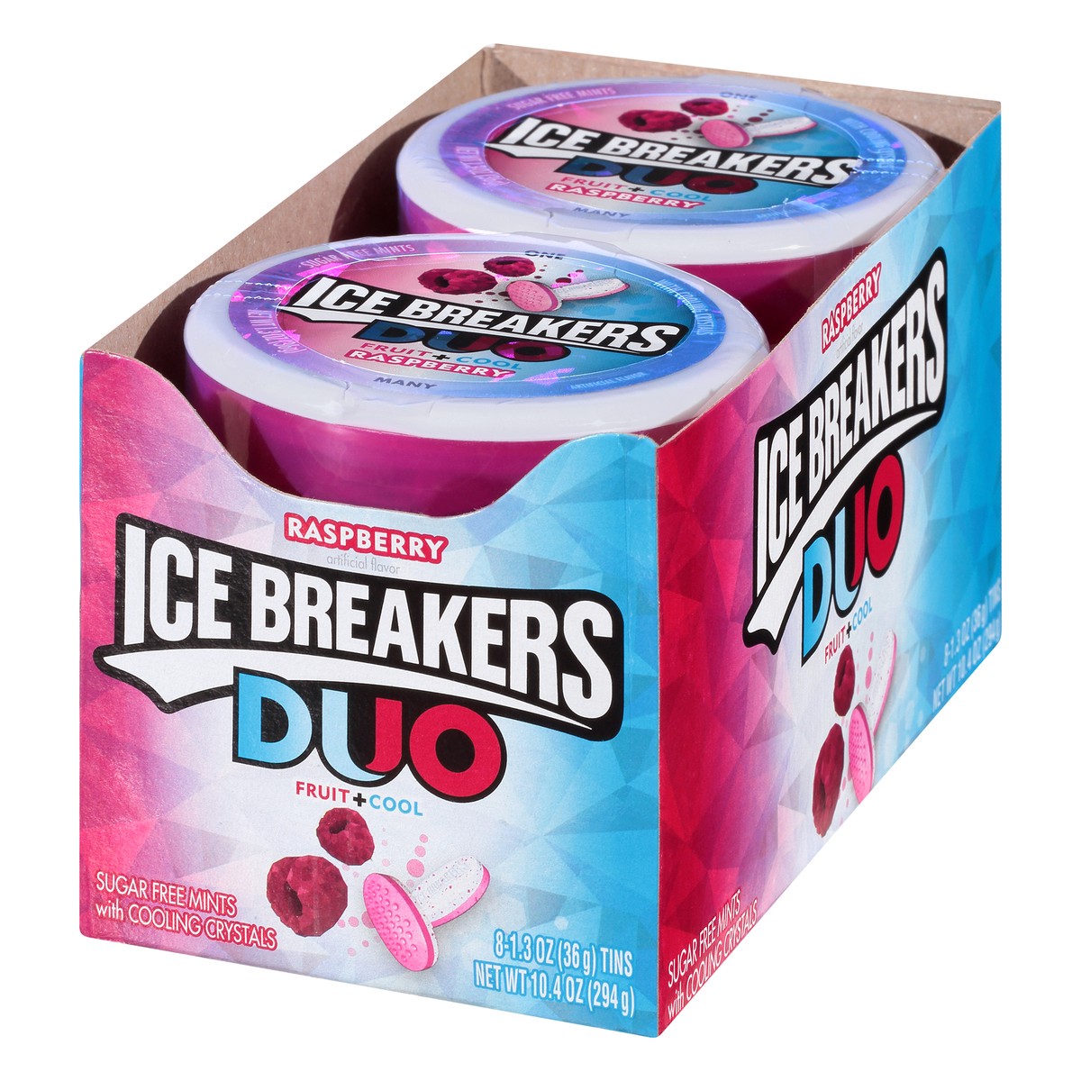 slide 9 of 10, Ice Breakers Duo Fruit Plus Cool Raspberry Sugar Free Mints Tins, 1.3 oz (8 Count), 1.3 oz
