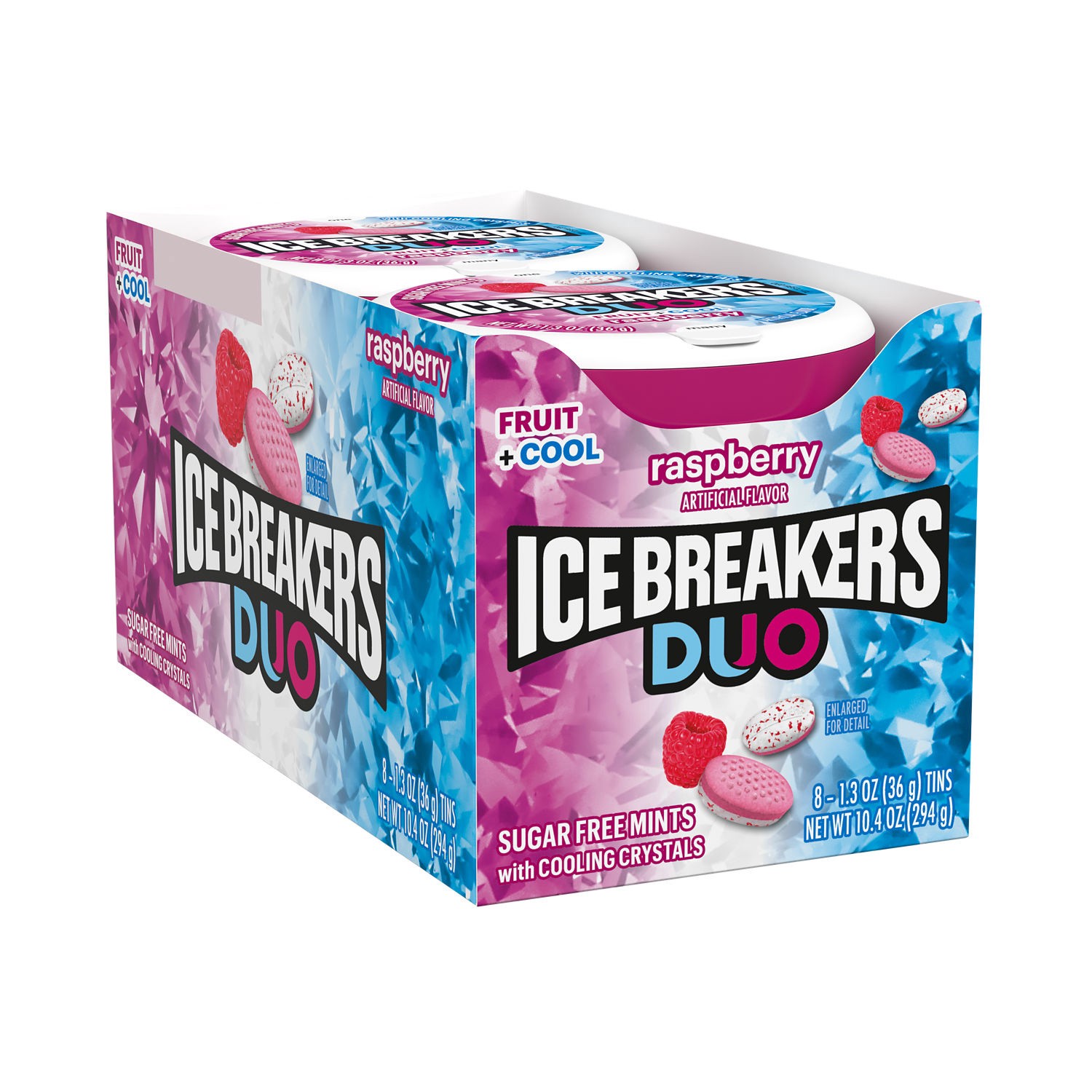 slide 1 of 10, Ice Breakers Duo Fruit Plus Cool Raspberry Sugar Free Mints Tins, 1.3 oz (8 Count), 8 ct