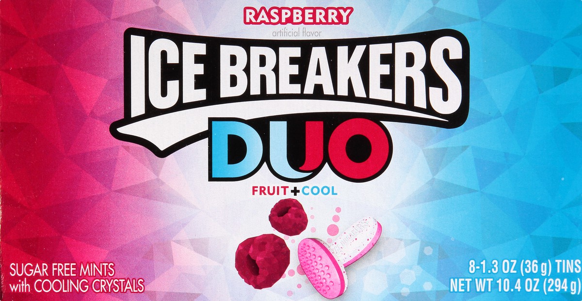 slide 2 of 10, Ice Breakers Duo Sugar Free Fruit + Cool Fruit+ Cool Raspberry Mints with Flavor Crystals 8 - 1.3 oz Tins, 1.3 oz