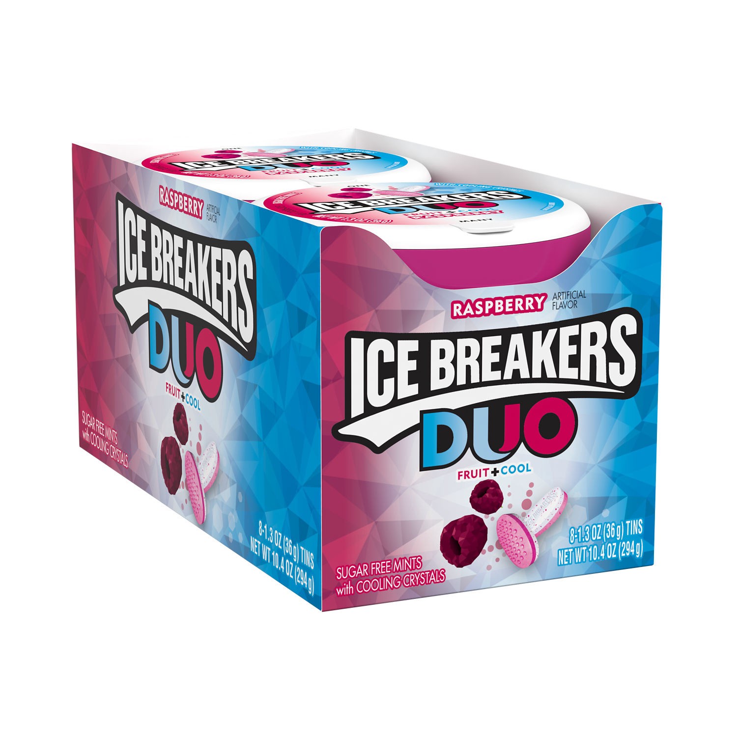 slide 1 of 10, Ice Breakers Duo Fruit Plus Cool Raspberry Sugar Free Mints Tins, 1.3 oz (8 Count), 1.3 oz