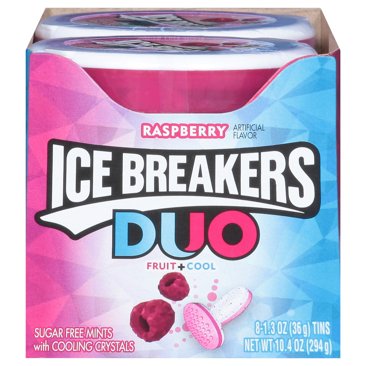 slide 1 of 10, Ice Breakers Duo Sugar Free Fruit + Cool Fruit+ Cool Raspberry Mints with Flavor Crystals 8 - 1.3 oz Tins, 1.3 oz