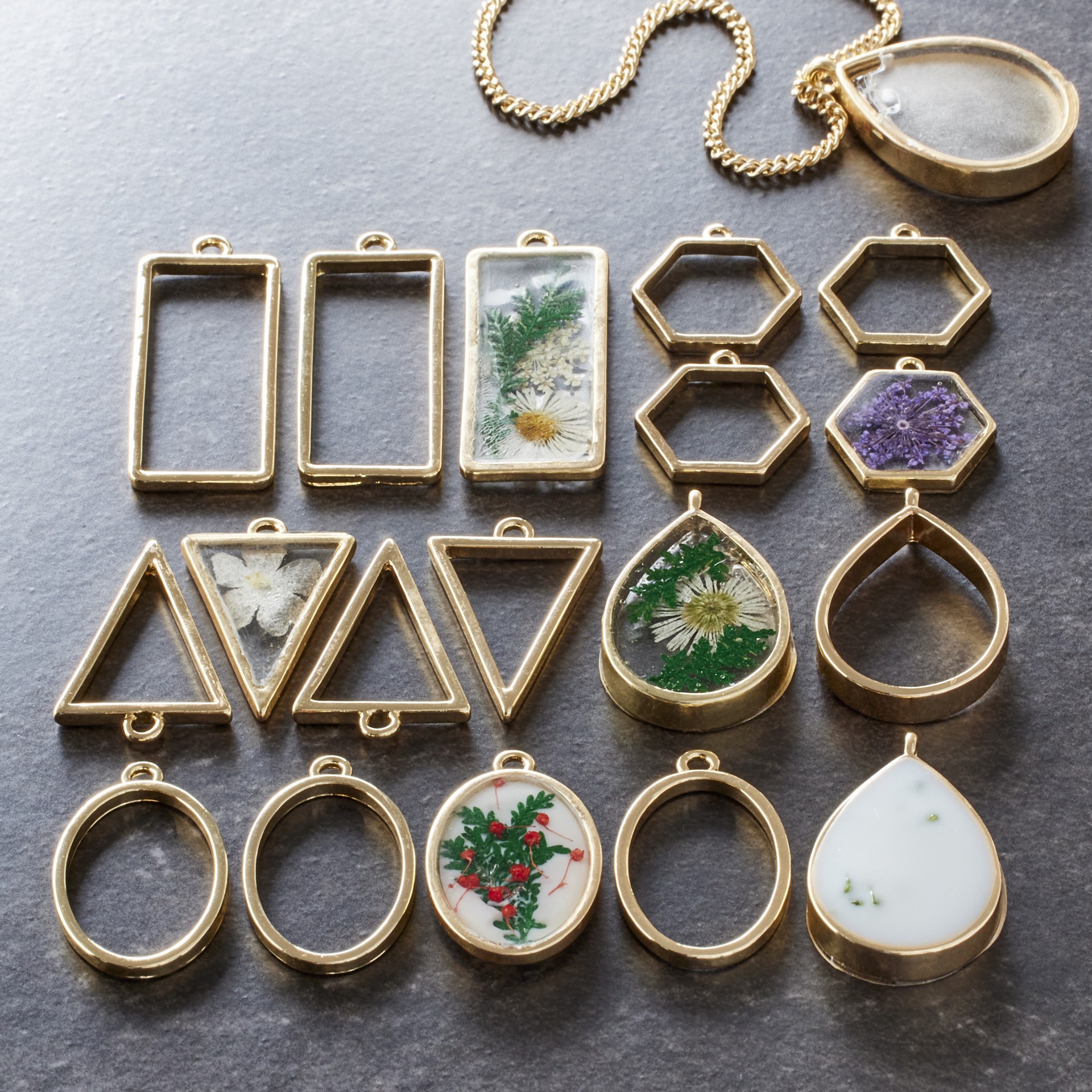 slide 3 of 5, Blue Moon Studio Uv Resin Craft Gold Simple Shapes Fillable Metal Charm Set, 0.79 in x 1.81 in x 0.08 in