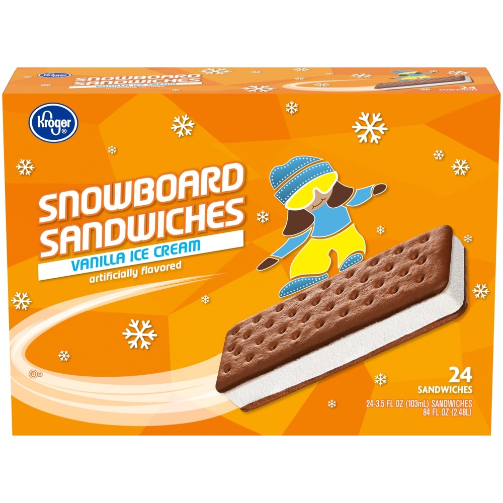 slide 1 of 1, Kroger Snowboard Vanilla Ice Cream Sandwiches, 24 ct; 3.5 fl oz