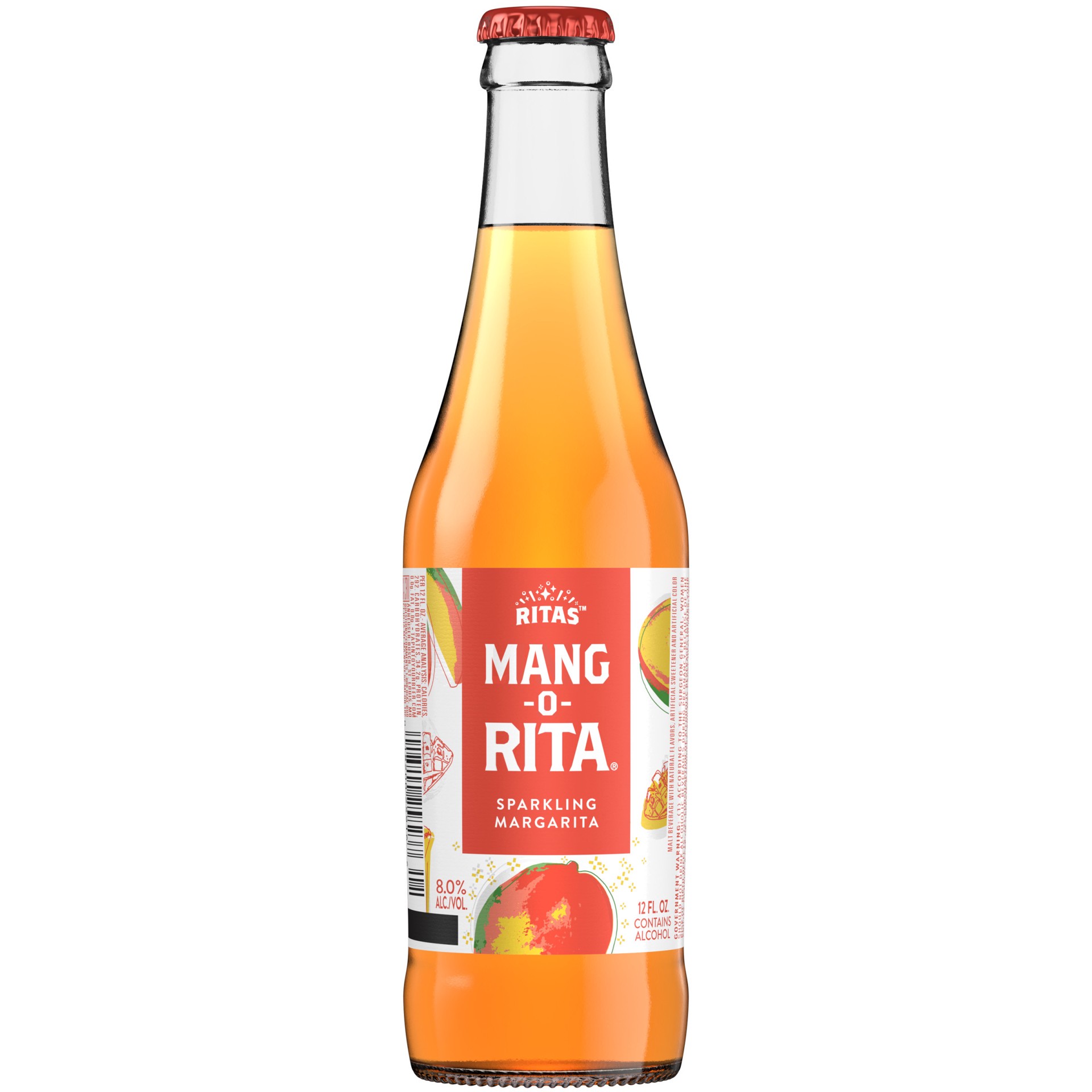 slide 1 of 6, RITAS Mang-O-Rita Sparkling Margarita, 12 fl. oz. Bottle, 8% ABV, 12 fl oz