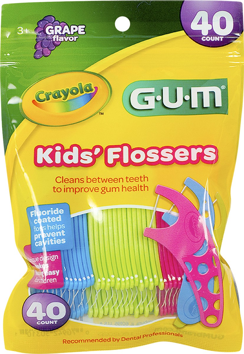 slide 1 of 3, G-U-M Crayola Kids' Grape Flavor Flossers 40 ea, 40 ct