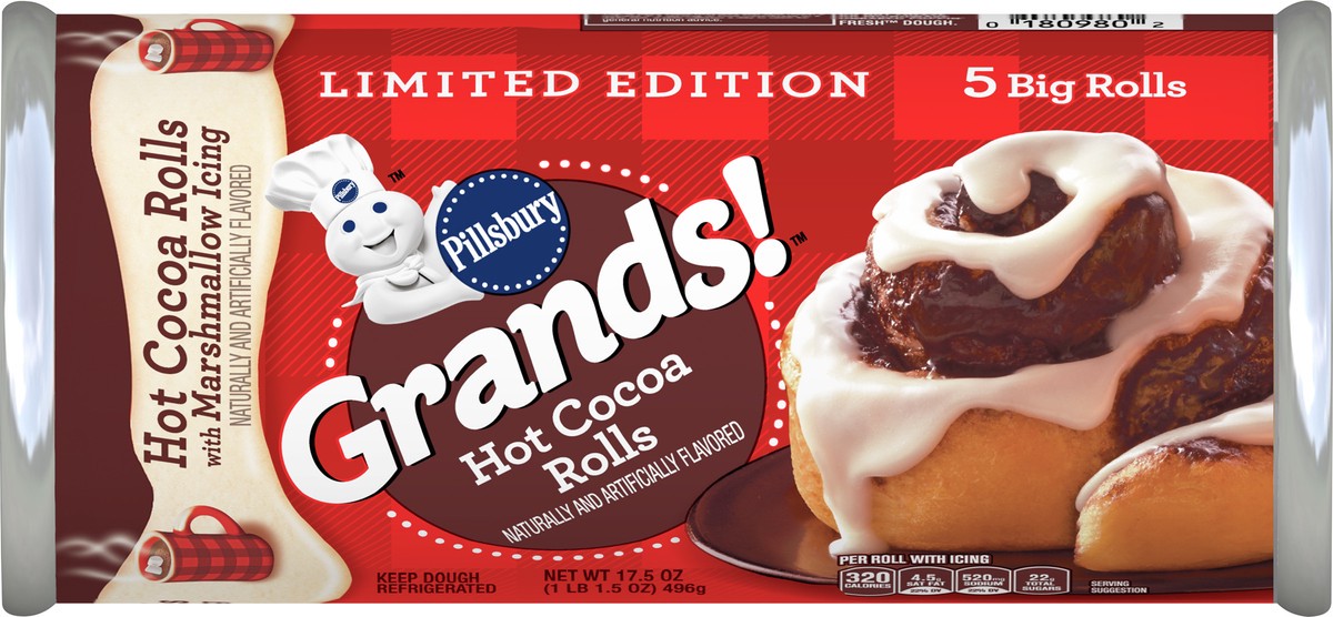 slide 2 of 8, Grands! Hot Cocoa Flavored Cinnamon Rolls with Marshmallow Icing, Limited Edition Refrigerated Canned Dough, 5 Big Rolls, 17.5 oz, 5 ct