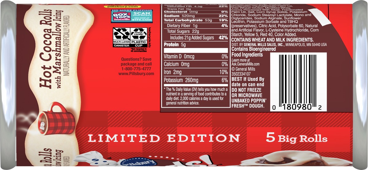 slide 5 of 8, Grands! Hot Cocoa Flavored Cinnamon Rolls with Marshmallow Icing, Limited Edition Refrigerated Canned Dough, 5 Big Rolls, 17.5 oz, 5 ct