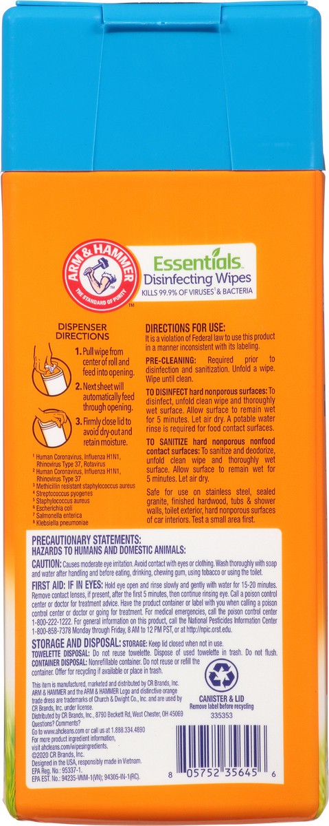 slide 10 of 11, ARM & HAMMER Arm & Ham Essentials Disinfecting Wipes Renewing Rain, 40 ct