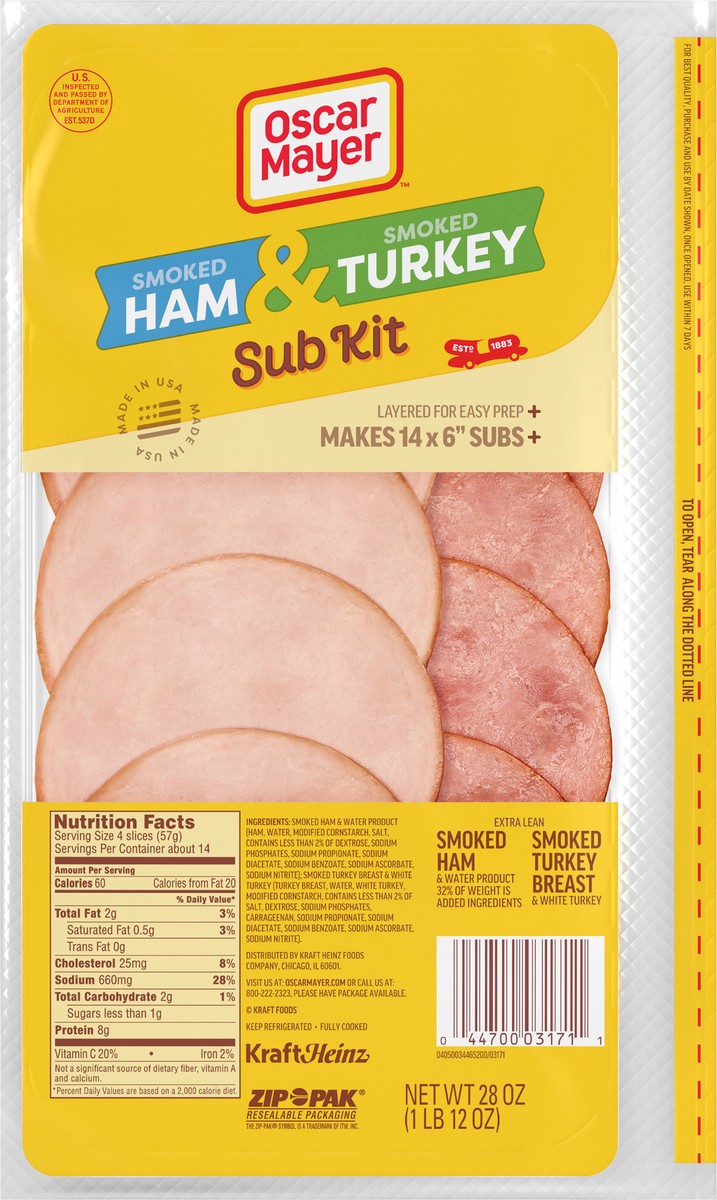 slide 6 of 9, Oscar Mayer Sub Kit with Extra Lean Smoked Ham & Turkey Breast Sliced Lunch Meat - 28oz, 28 oz