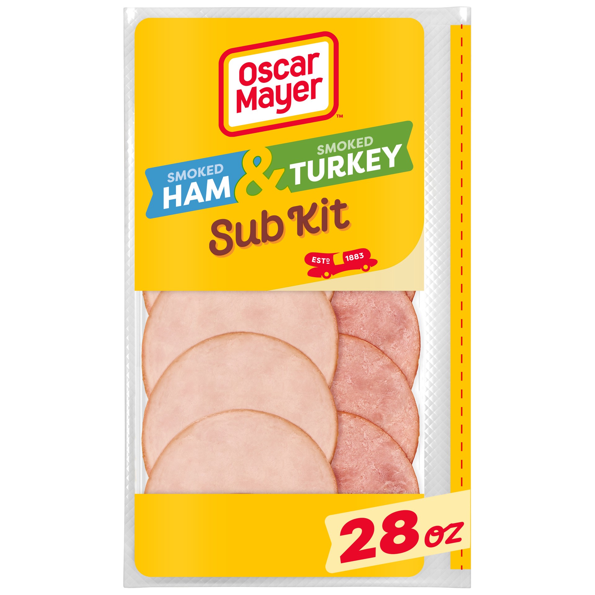 slide 1 of 9, Oscar Mayer Sub Kit with Extra Lean Smoked Ham & Extra Lean Smoked Turkey Breast Sliced Deli Lunch Meat, 28 oz Package, 28 oz