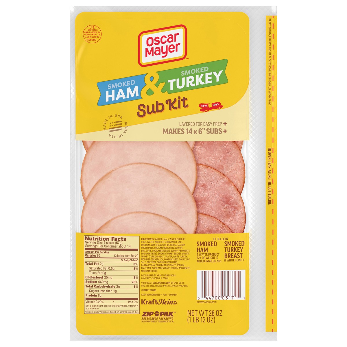 slide 1 of 9, Oscar Mayer Sub Kit with Smoked Ham & Smoked Turkey Breast Sliced Deli Lunch Meats Variety Pack, 28 oz