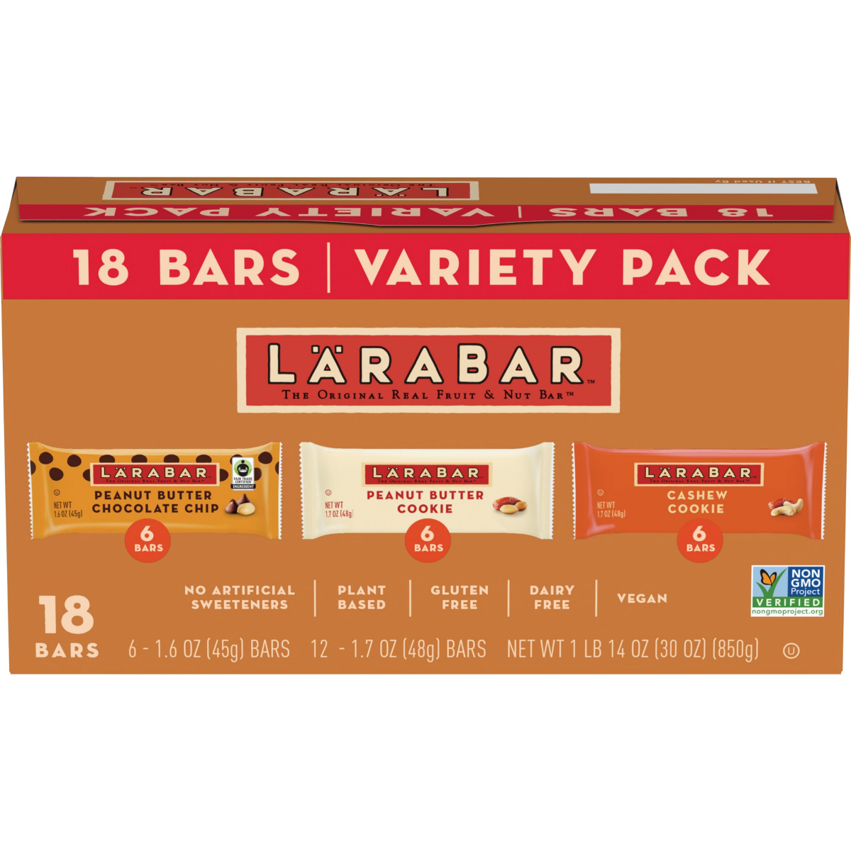 slide 1 of 5, LÄRABAR Variety Pack, Gluten Free Vegan Fruit & Nut Bars, 18 Bars, 1 lb 14 oz, 18 ct