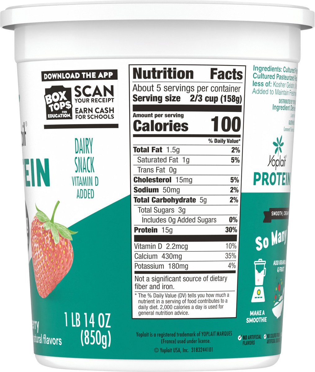 slide 2 of 14, Yoplait Protein Yogurt Cultured Dairy Snack, Strawberry Flavored, Gluten Free Protein Snacks, 1 lb 14 oz Tub, 30 oz