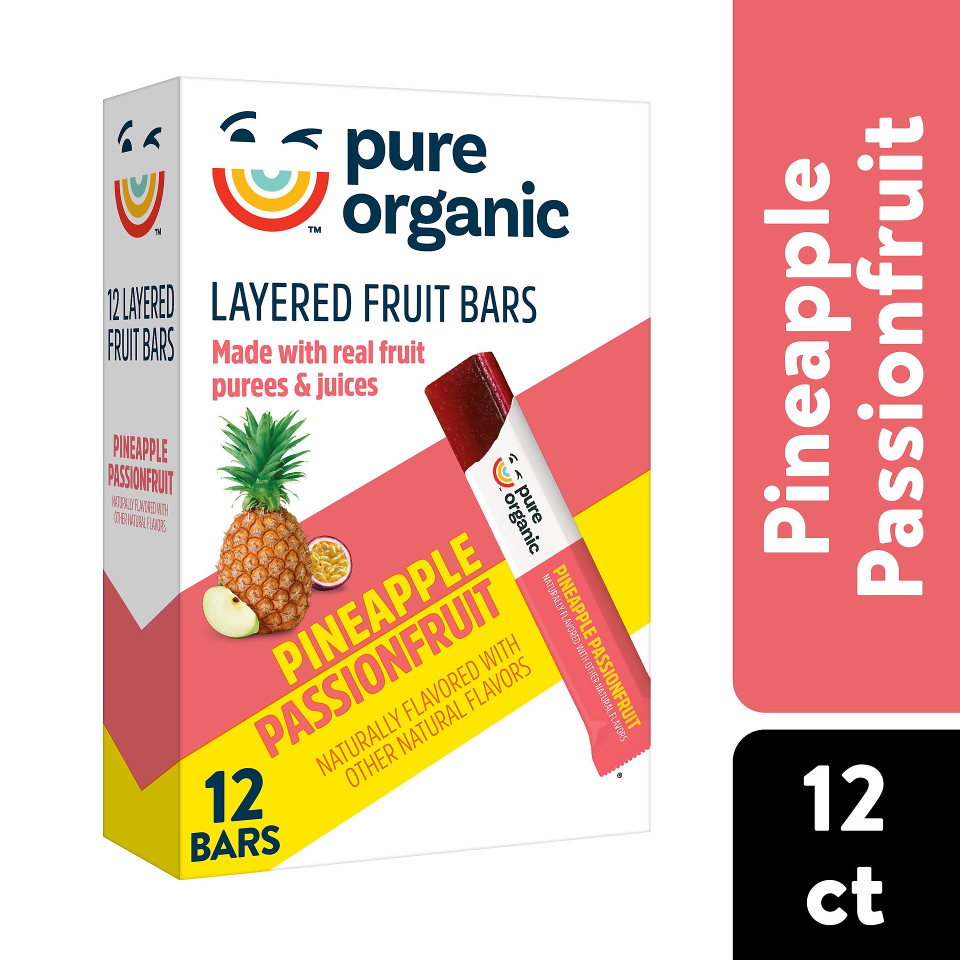 slide 1 of 29, Pure Organic, Layered Fruit Bars, Pineapple Passionfruit, Gluten Free and Vegan Fruit Snacks, 6.2oz Box, 12 Count, 6.2 oz