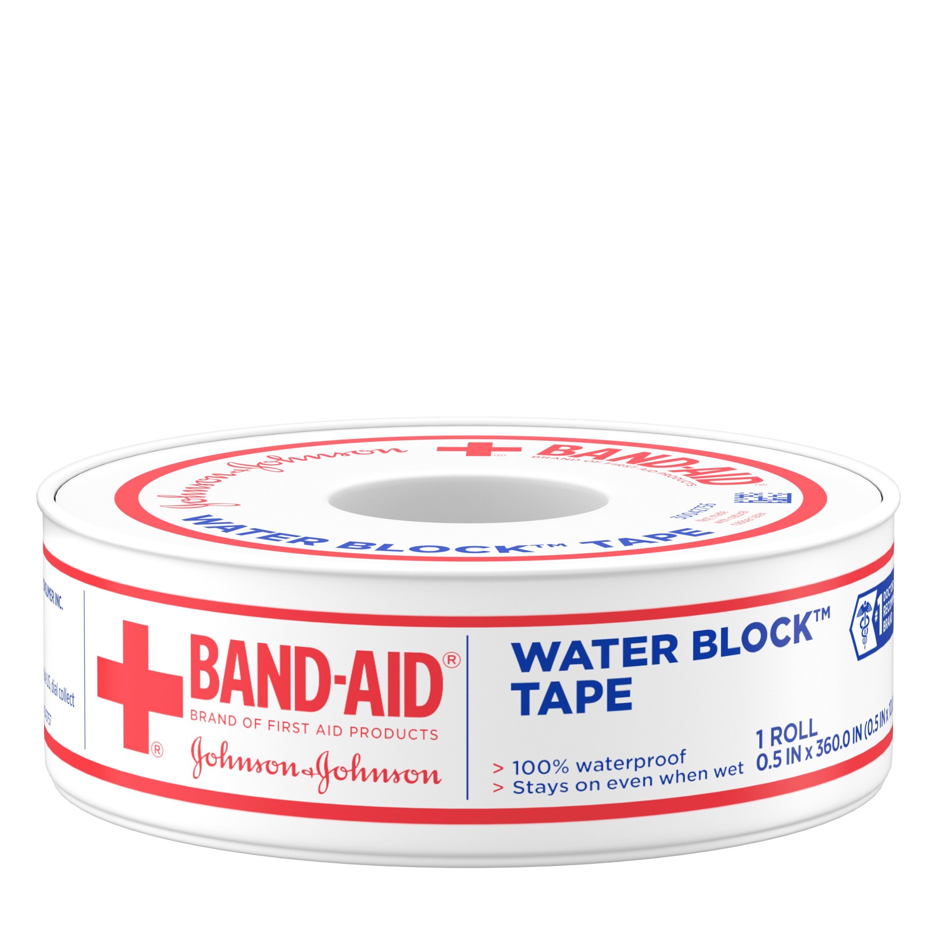 slide 1 of 8, BAND-AID First Aid Water Block 100% Waterproof Self-Adhesive Tape Roll for Durable Wound Care to Firmly Secure Bandages, 1/2 In by 10 yd, 10 yd