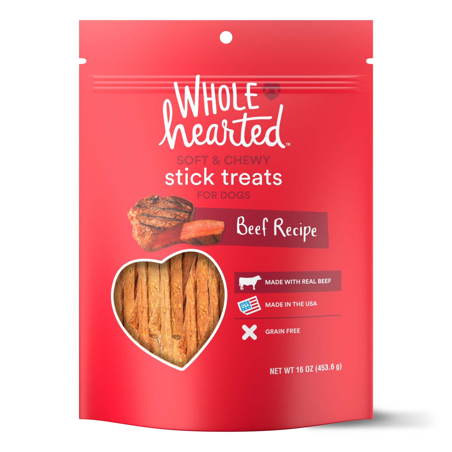 slide 1 of 1, WholeHearted Grain Free Soft and Chewy Beef Recipe Dog Stick Treats, 16 oz