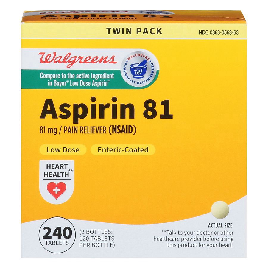 slide 1 of 5, Walgreens Aspirin Enteric-Coated Pain Reliever Tablets 81Mg, 2 ct / 120 ct