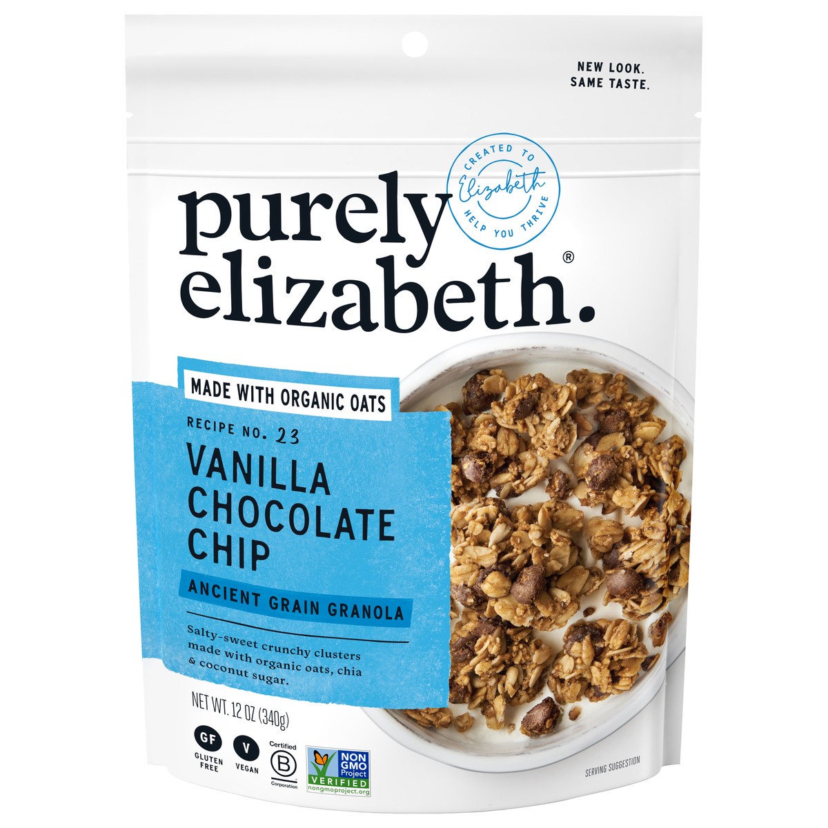 slide 1 of 1, Purely Elizabeth Recipe No. 23 Vanilla Chocolate Chip Ancient Grain Granola 12 oz, 12 oz