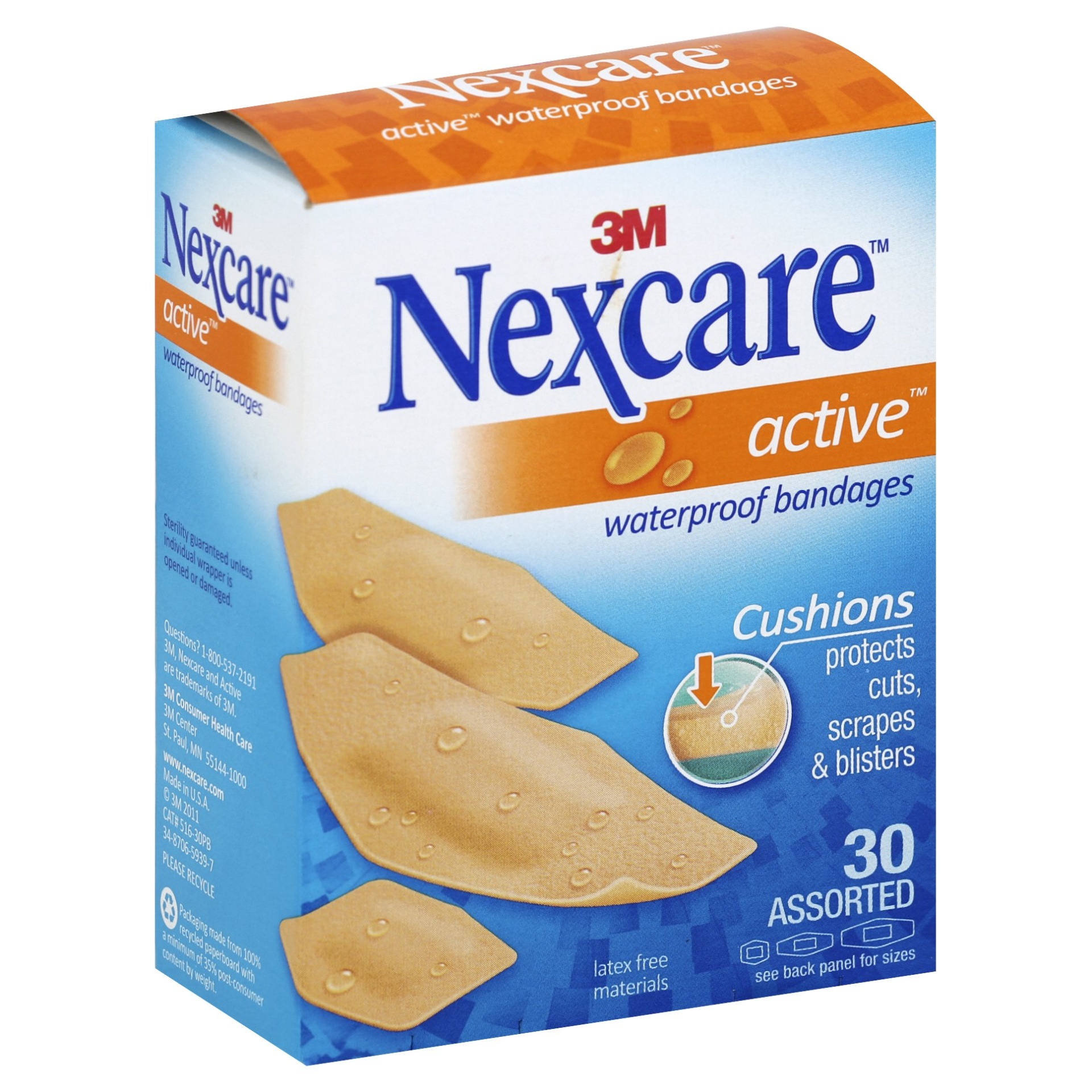 slide 1 of 4, Nexcare Active Extra Cushion Latex Free Bandages, 30 ct