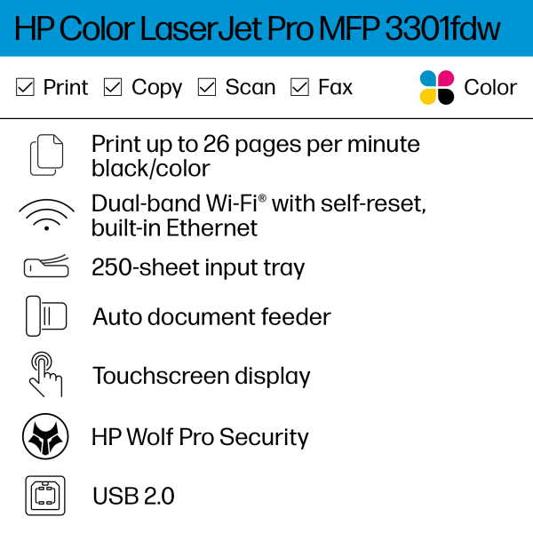 slide 8 of 10, Hp Color Laserjet Pro Mfp 3301Fdw Wireless Laser Color Printer, 1 ct