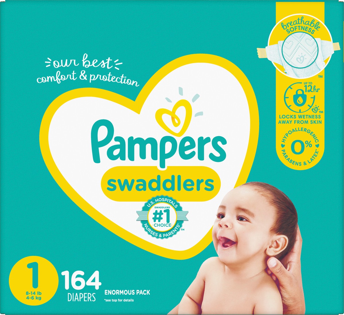 slide 2 of 6, Pampers Swaddlers Enormous Pack 1 (8-14 lb) Diapers 164 ea, 164 ct