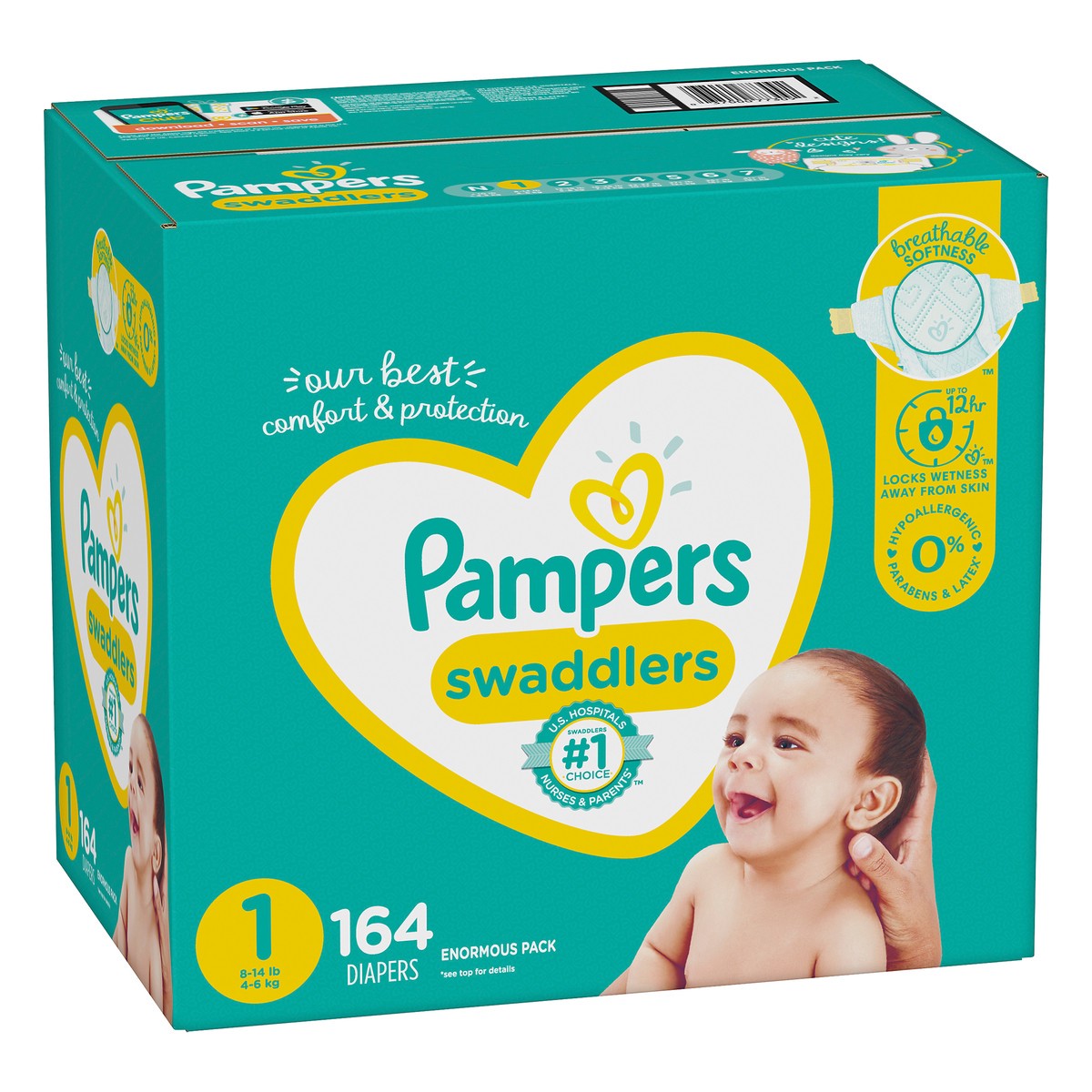 slide 3 of 6, Pampers Swaddlers Enormous Pack 1 (8-14 lb) Diapers 164 ea, 164 ct