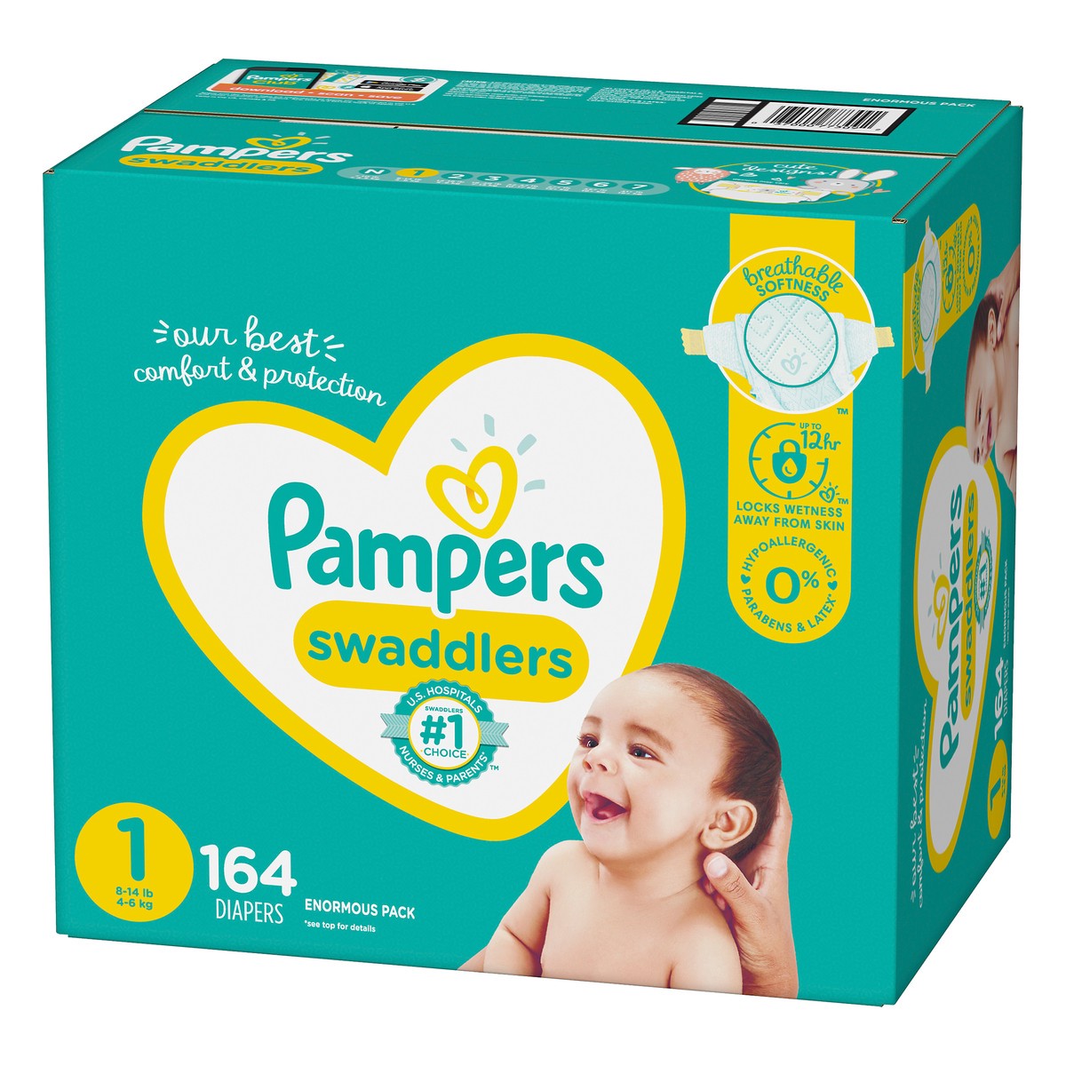 slide 4 of 6, Pampers Swaddlers Enormous Pack 1 (8-14 lb) Diapers 164 ea, 164 ct