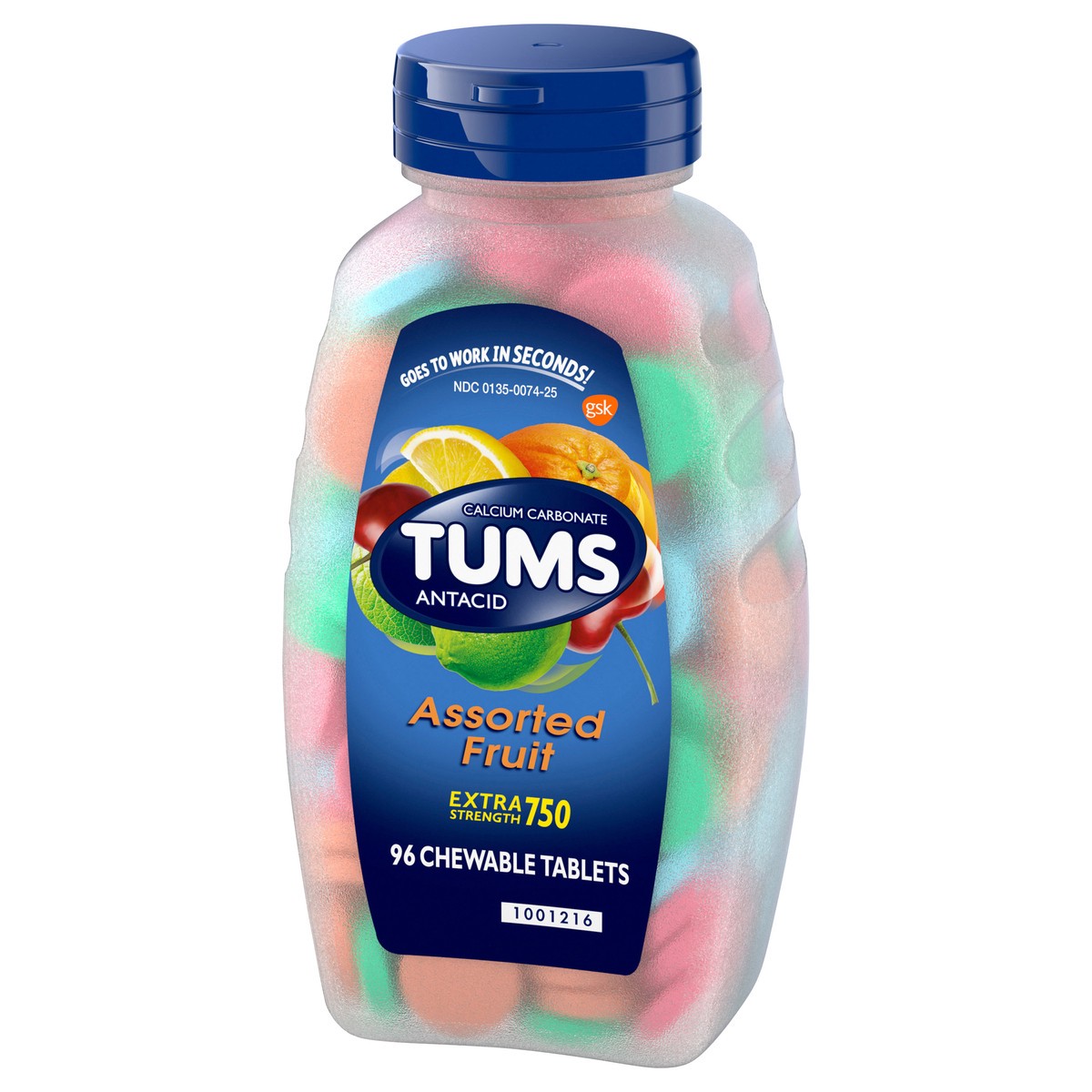 slide 3 of 9, TUMS Extra Strength Antacid Assorted Fruit Chewable Tablets, 1 ct