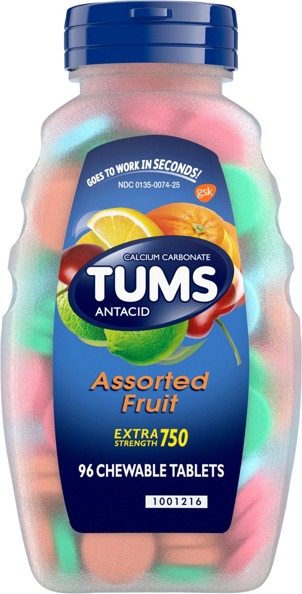 slide 6 of 9, TUMS Extra Strength Antacid Assorted Fruit Chewable Tablets, 1 ct