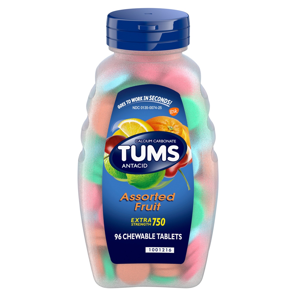 slide 1 of 1, TUMS Extra Strength Antacid Assorted Fruit Chewable Tablets, 96 ct