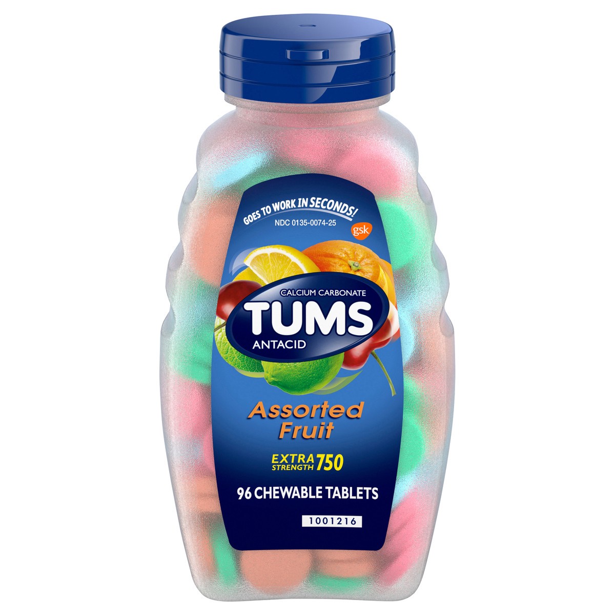 slide 1 of 9, TUMS Chewable Antacid Tablets for Extra Strength Heartburn Relief, Assorted Fruit Flavors - 96 Count, 96 ct