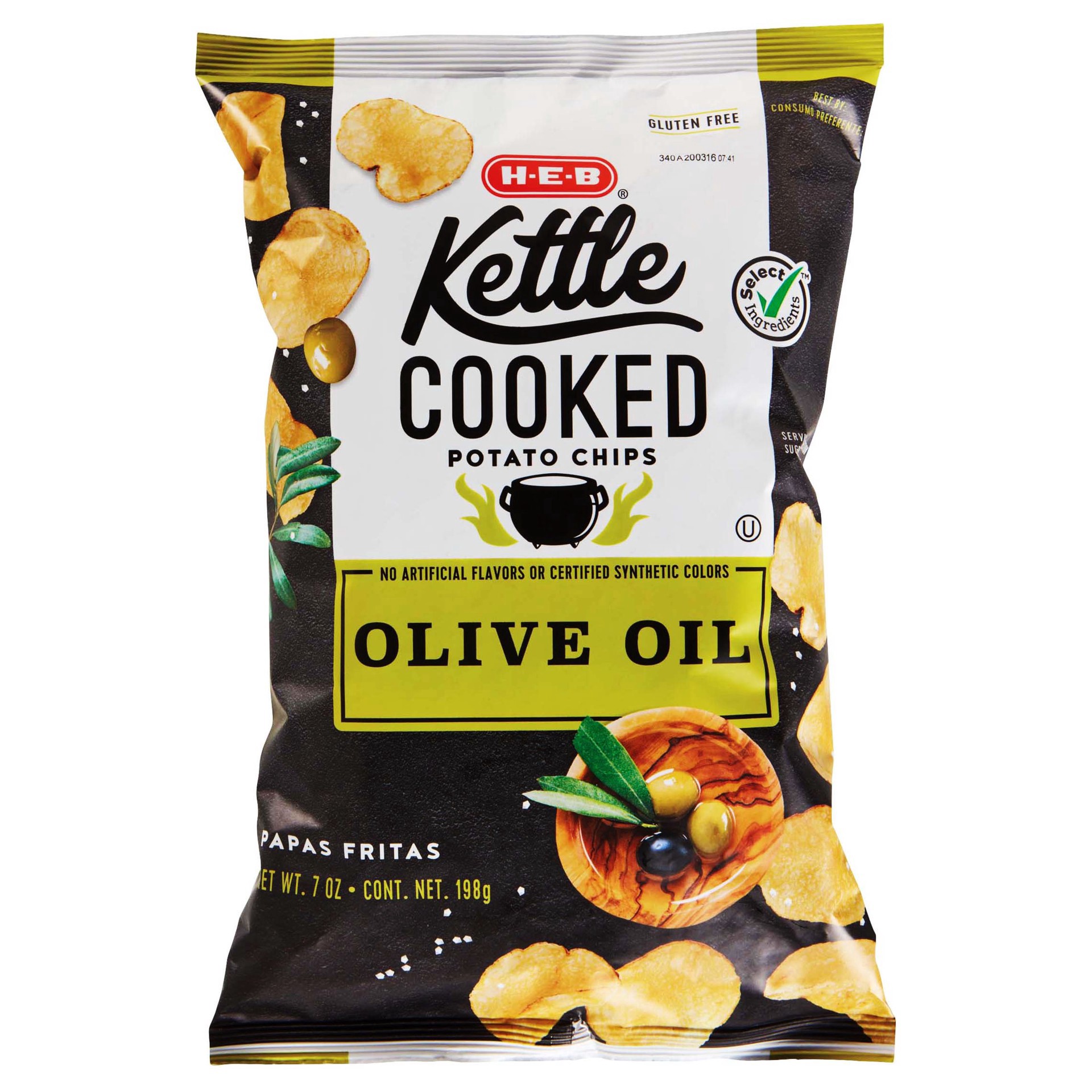 slide 1 of 1, H-E-B Kettle Cooked Olive Oil Potato Chips, 7 oz
