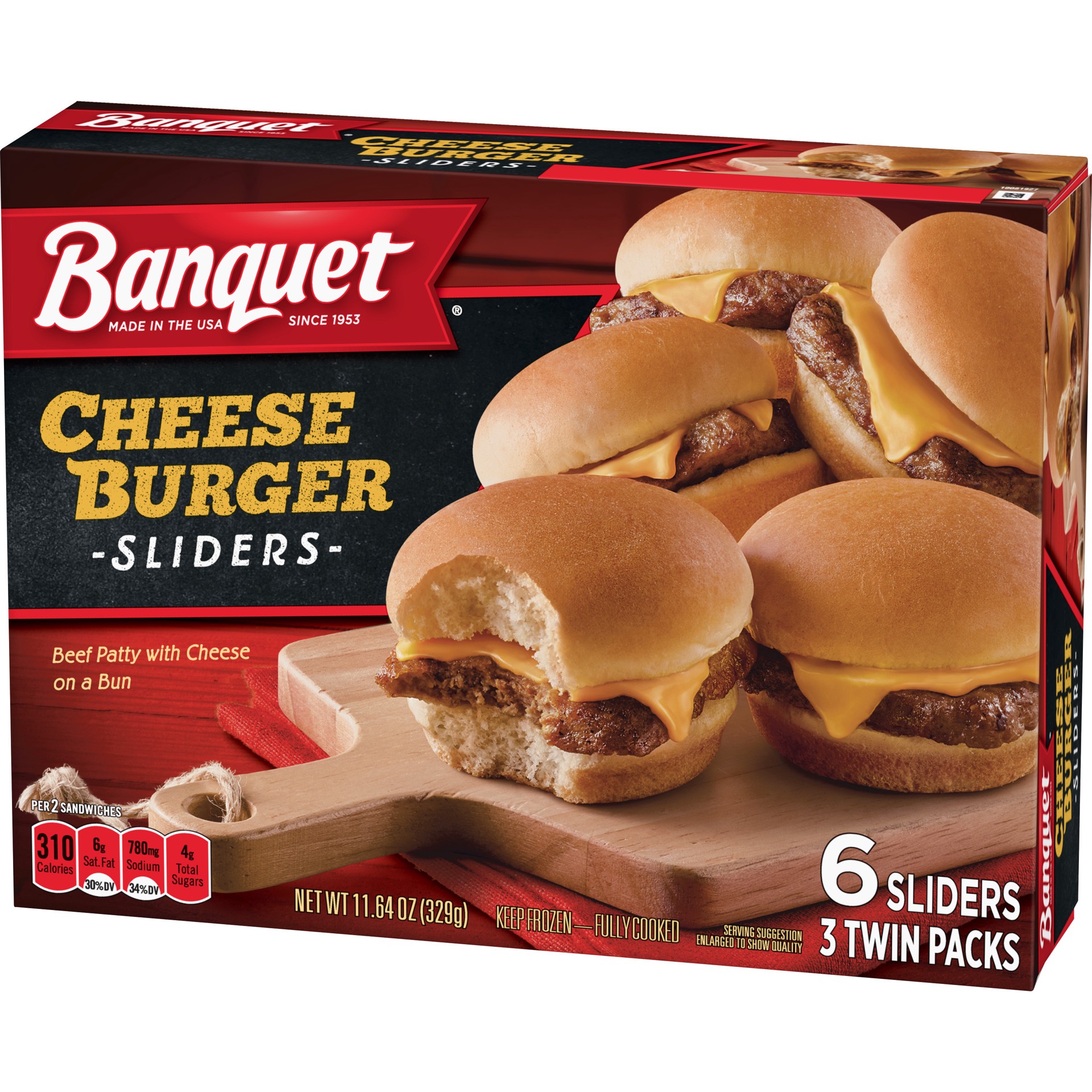 slide 2 of 5, Banquet Cheeseburger Sliders Frozen Snack Twin Pack, 3.9 Ounce bags, 3 Count, 11.64 oz