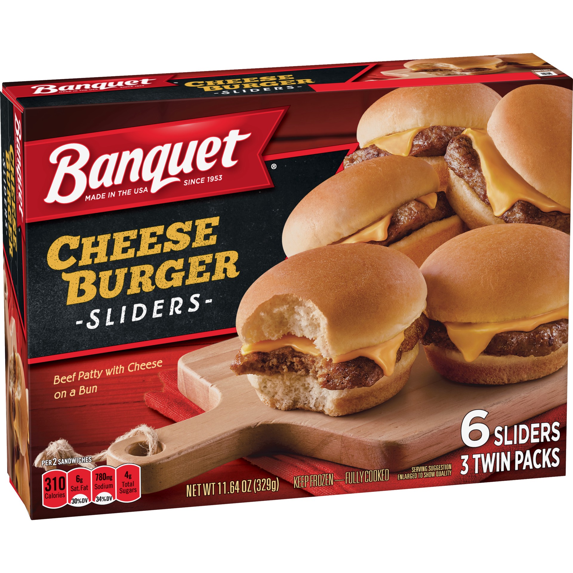 slide 3 of 5, Banquet Cheeseburger Sliders Frozen Snack Twin Pack, 3.9 Ounce bags, 3 Count, 11.64 oz