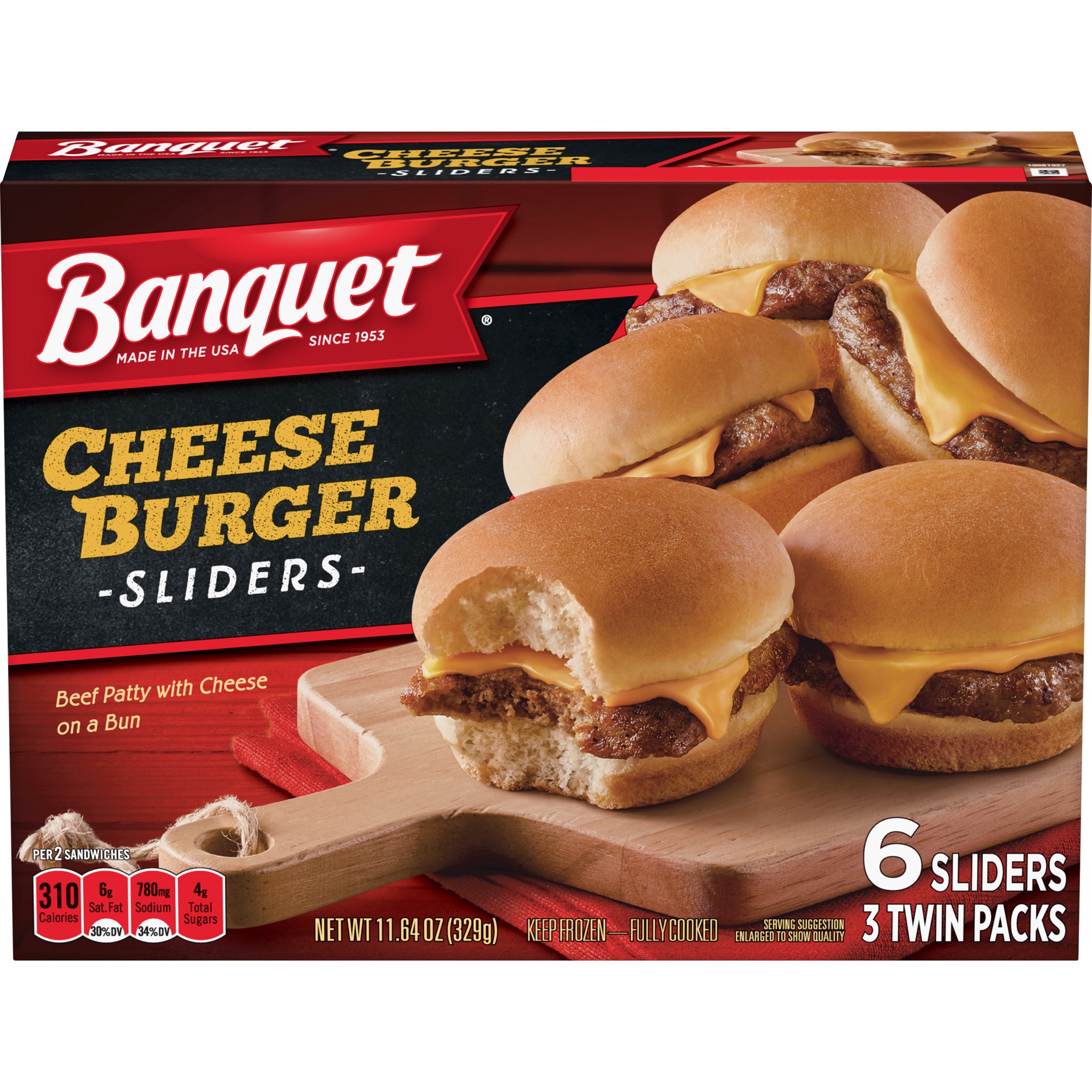 slide 1 of 5, Banquet Cheeseburger Sliders Frozen Snack Twin Pack, 3.9 Ounce bags, 3 Count, 11.64 oz