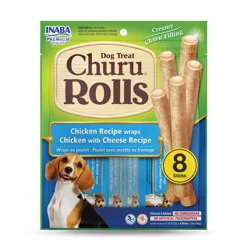 Inaba Churu Rolls for Dogs, Soft & Chewy Baked Chicken Wrapped Churu Filled Dog Treats, 0.42 oz per Stick, 8 Sticks, Chicken with Cheese Recipe