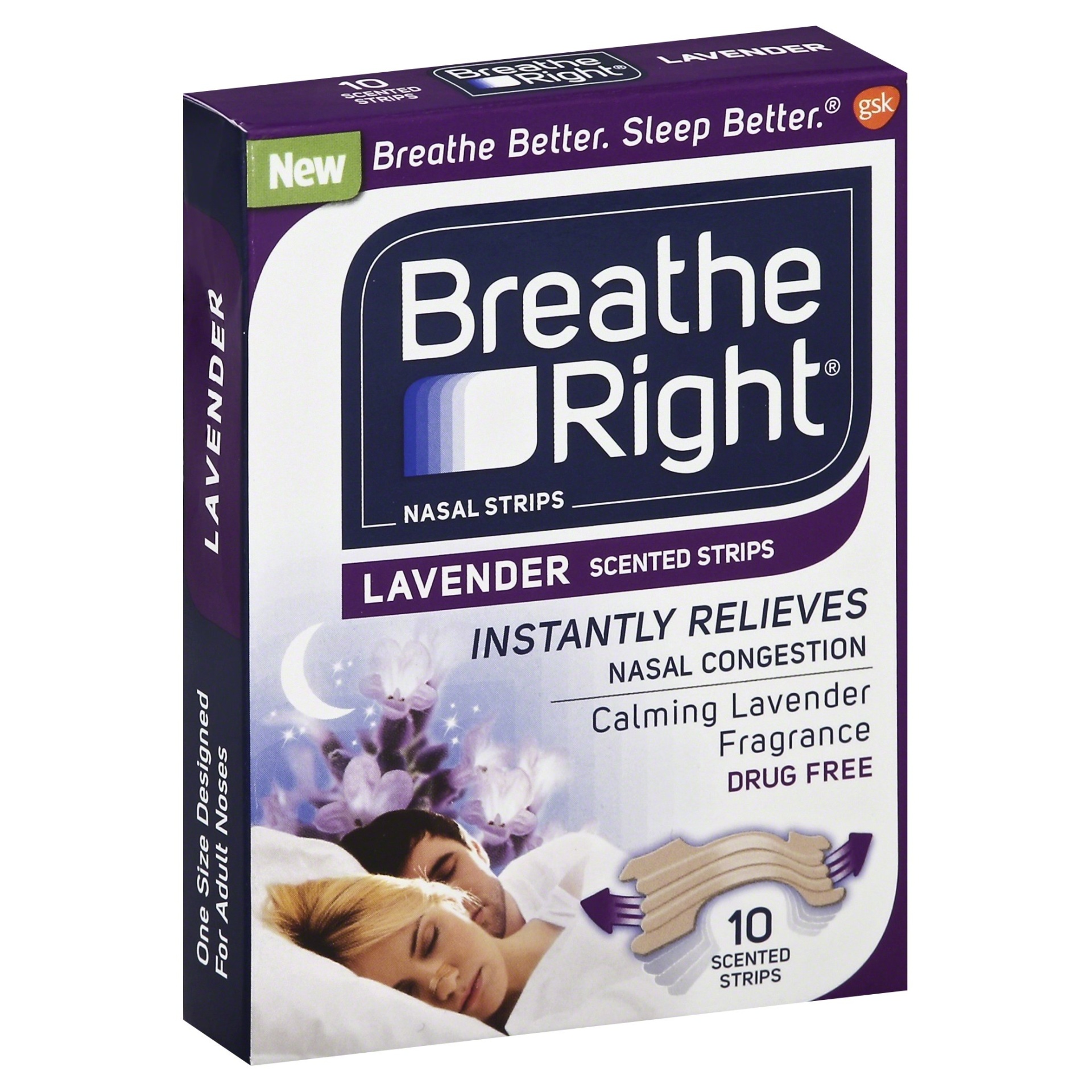 slide 1 of 1, Breathe Right Lavender Scented Nasal Strips, 10 ct