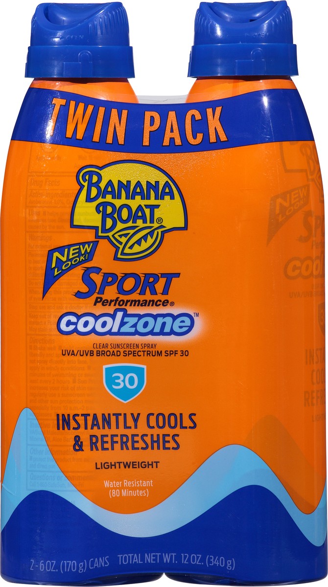 slide 1 of 8, Banana Boat Sport Performance Cool Zone Twin Pack Broad Spectrum SPF 30 Sunscreen Spray 6 oz, 2 ct