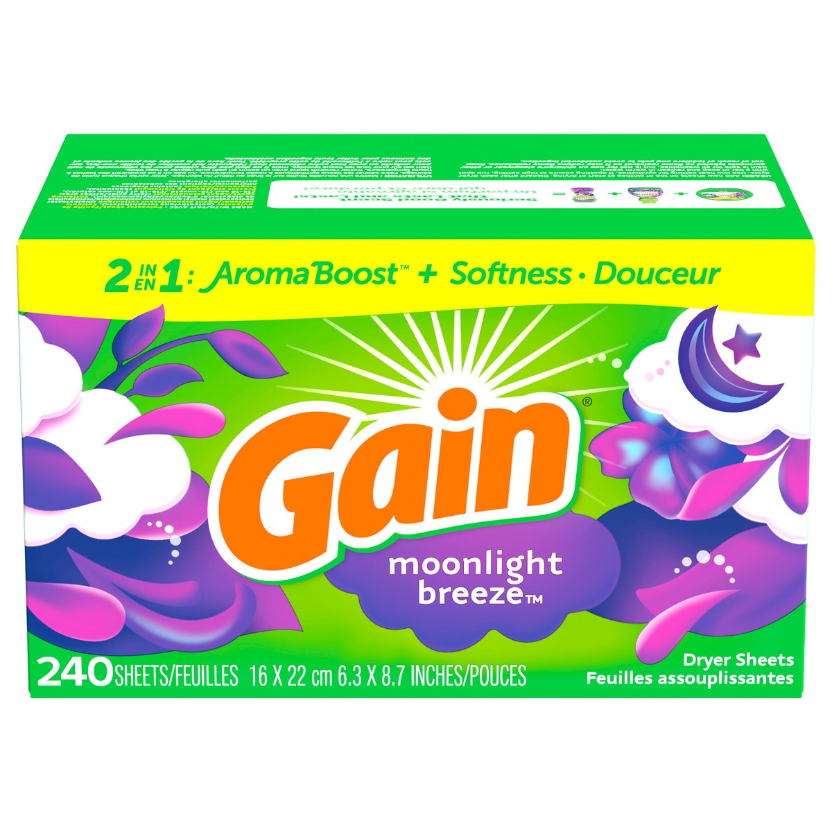 slide 3 of 12, Gain dryer sheets, 240 Count, Moonlight Breeze Scent Laundry Fabric Softener Sheets with 2-in-1 Aromaboost Plus Softness, 240 ct