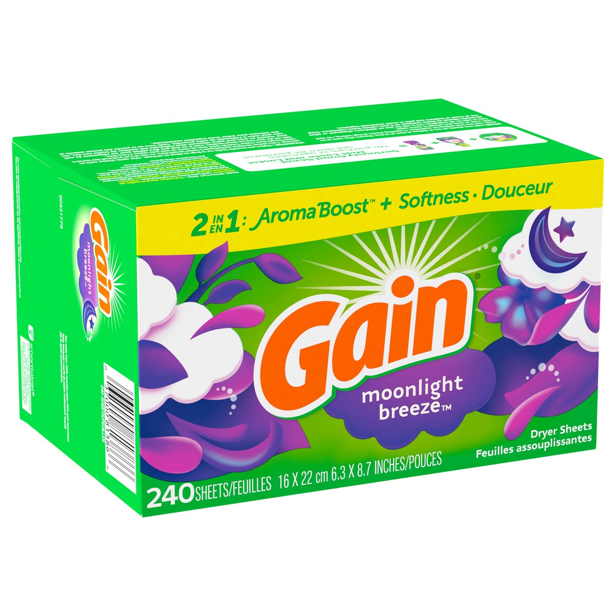 slide 5 of 12, Gain dryer sheets, 240 Count, Moonlight Breeze Scent Laundry Fabric Softener Sheets with 2-in-1 Aromaboost Plus Softness, 240 ct