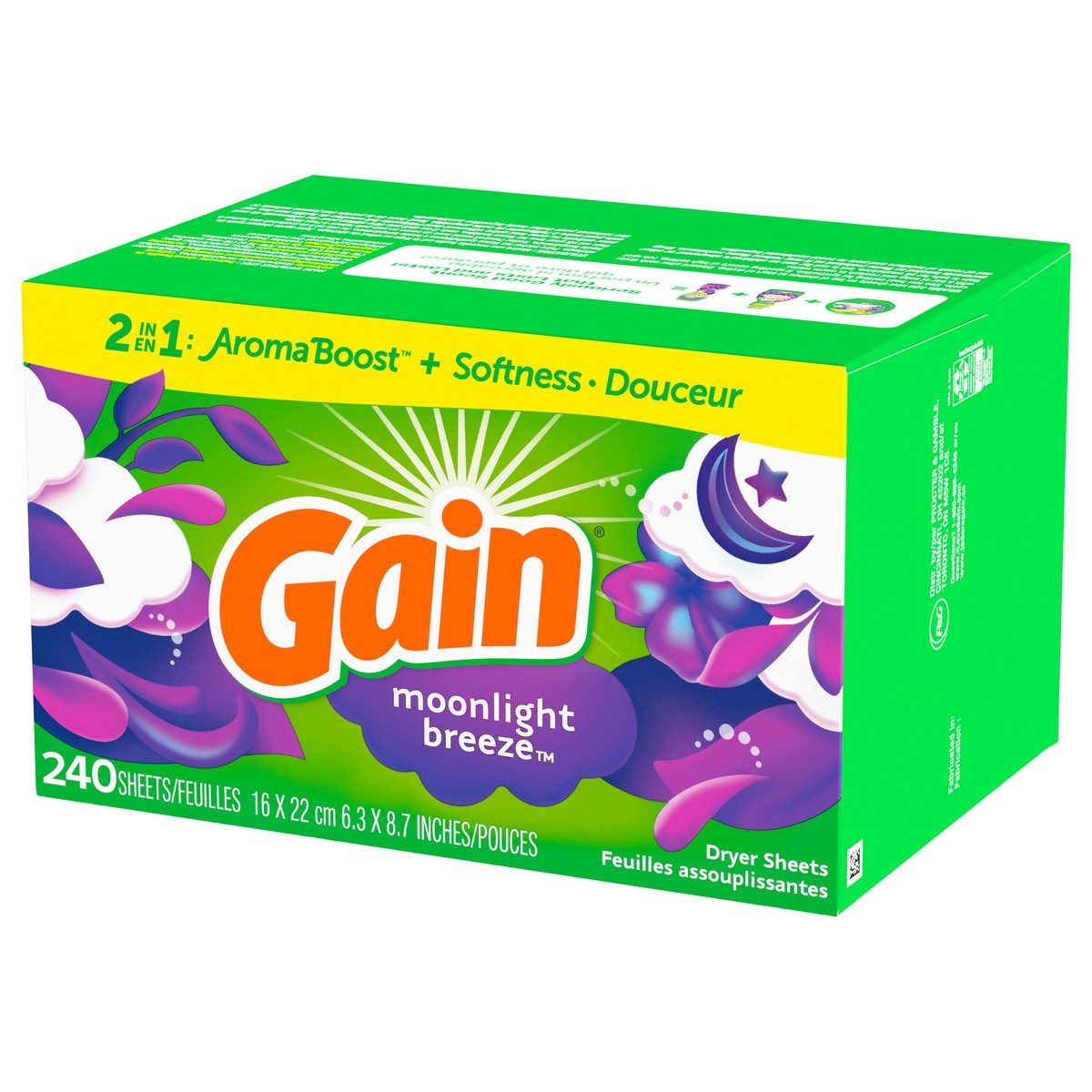 slide 9 of 12, Gain dryer sheets, 240 Count, Moonlight Breeze Scent Laundry Fabric Softener Sheets with 2-in-1 Aromaboost Plus Softness, 240 ct
