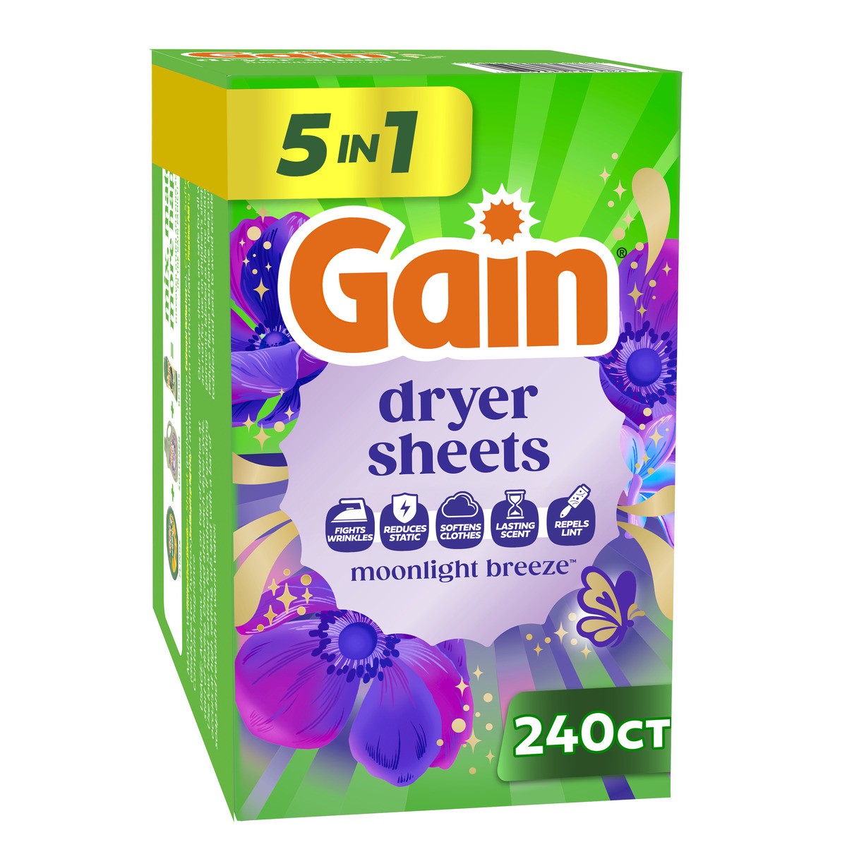 slide 1 of 12, Gain dryer sheets Plus Wrinkle Release, Moonlight Breeze Scent, 240 Count, Fights static with a touch of scent, laundry sheets, 240 ct