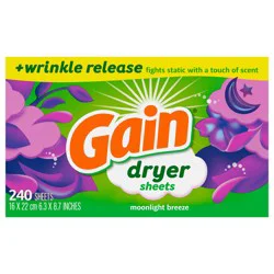 Gain dryer sheets Plus Wrinkle Release, Moonlight Breeze Scent, 240 Count, Fights static with a touch of scent, laundry sheets