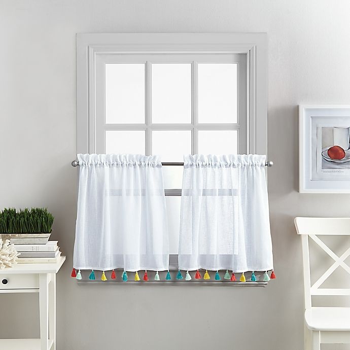 slide 1 of 4, Coastal Living Boho Tassel Window Curtain Tier Pair, 24 in