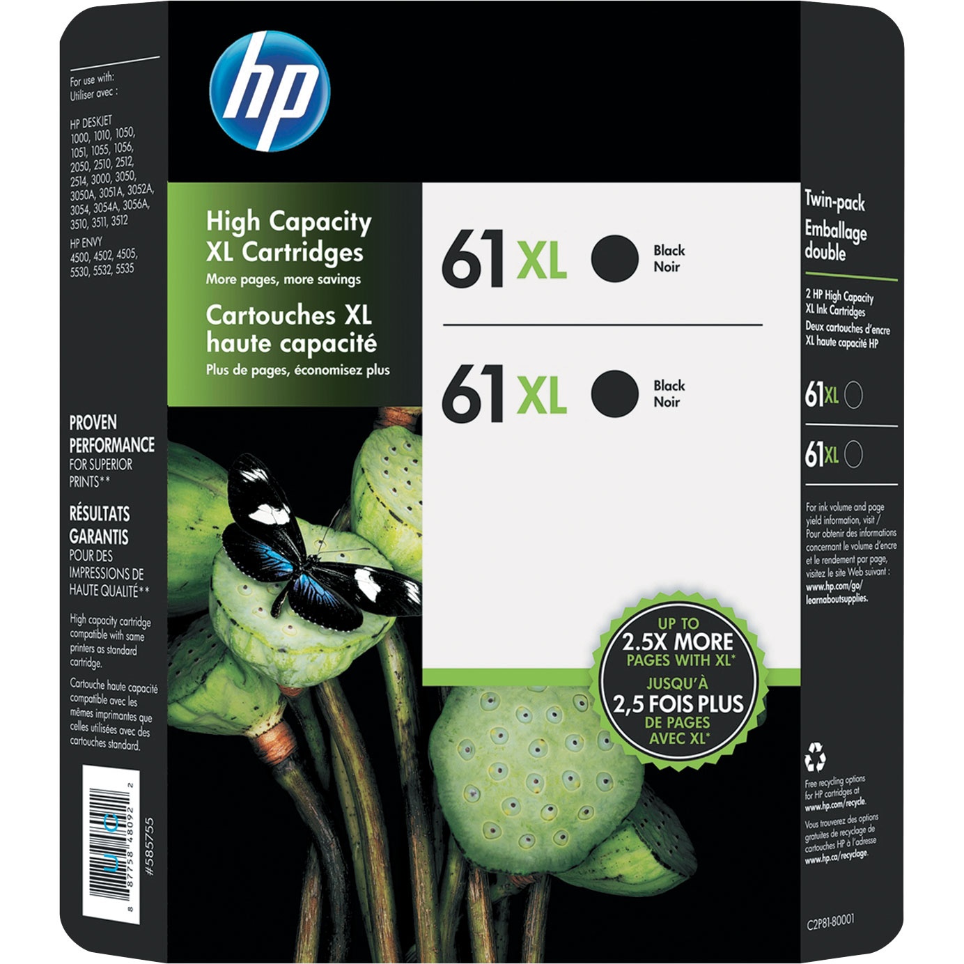 slide 1 of 1, HP 61XL High Capacity Black Ink Cartridges, 2 ct