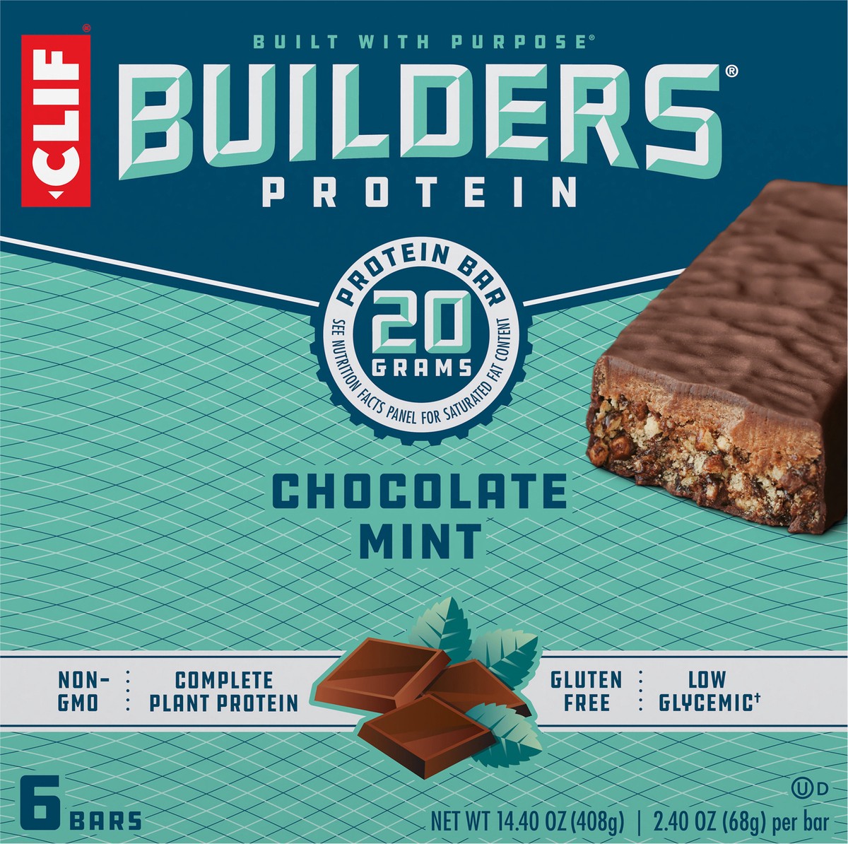 slide 6 of 9, CLIF Builders - Chocolate Mint Flavor - Protein Bars - Gluten-Free - Non-GMO - Low Glycemic - 20g Protein - 2.4 oz. (6 Pack), 14.4 oz