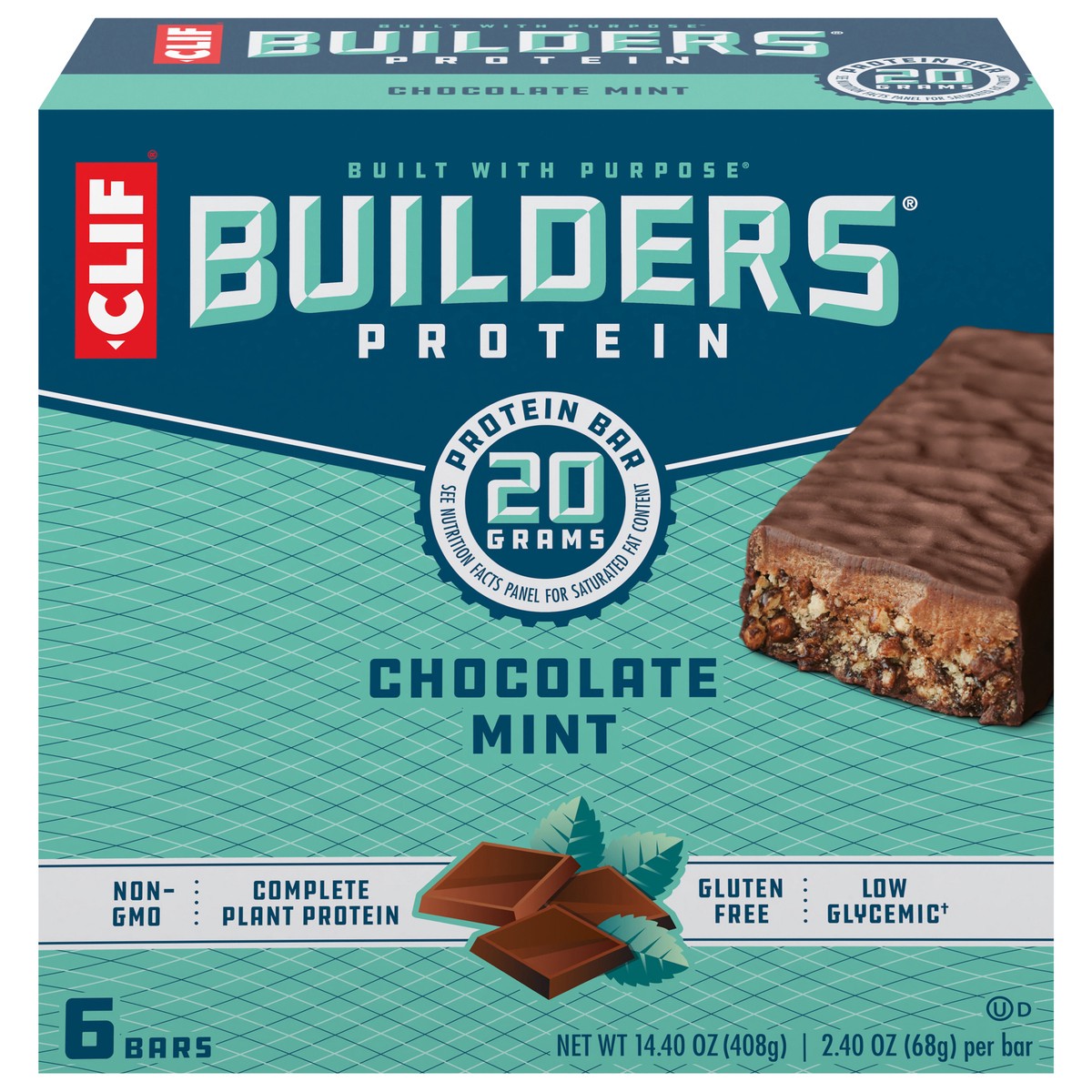 slide 1 of 9, CLIF Builders - Chocolate Mint Flavor - Protein Bars - Gluten-Free - Non-GMO - Low Glycemic - 20g Protein - 2.4 oz. (6 Pack), 14.4 oz